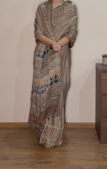 Ajrakh pure modal silk hand dyed, hand block printed and handworked saree