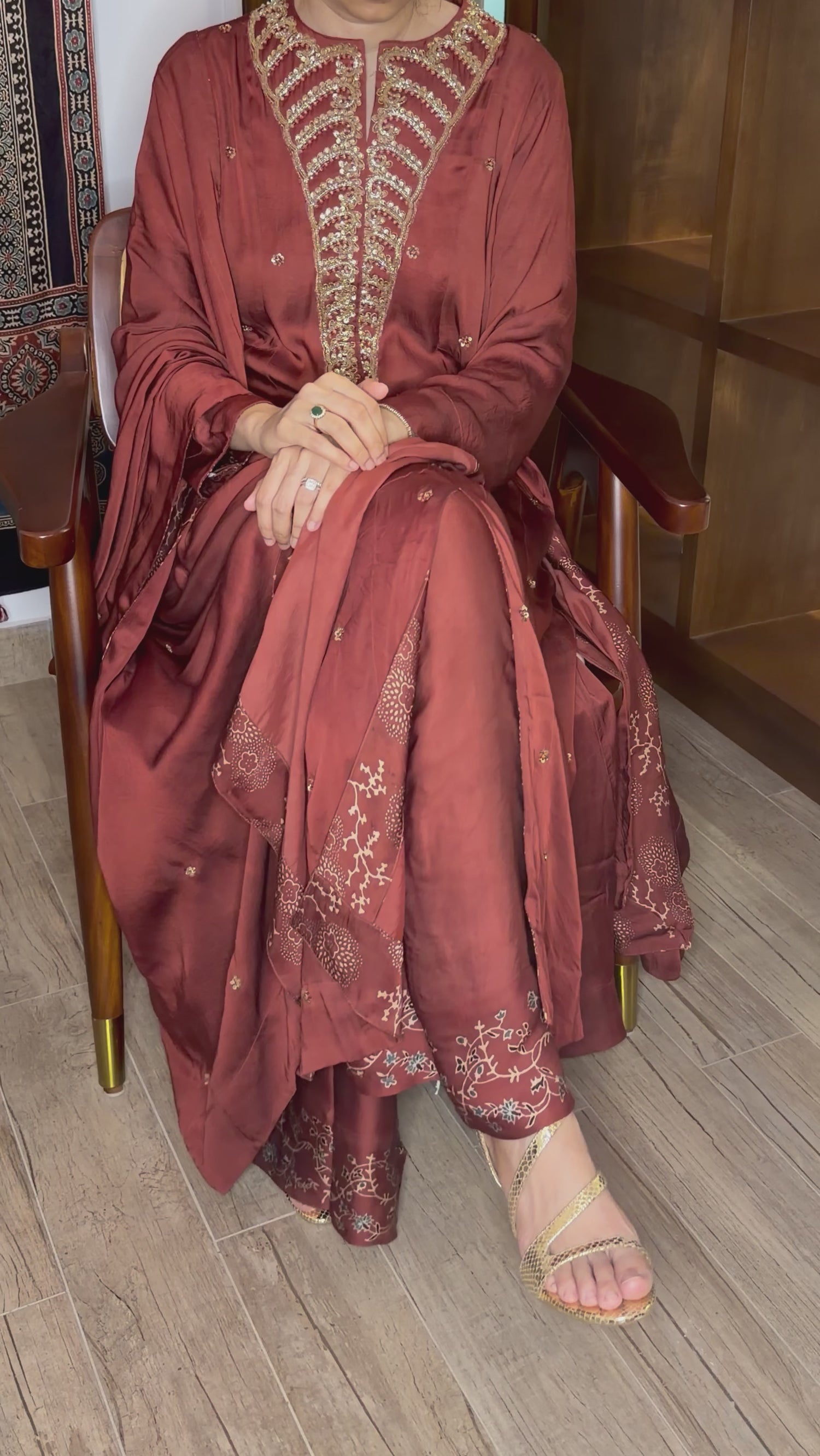 Ajrakh hand dyed hand block printed modal silk panel cut salwar set with cut bead handwork