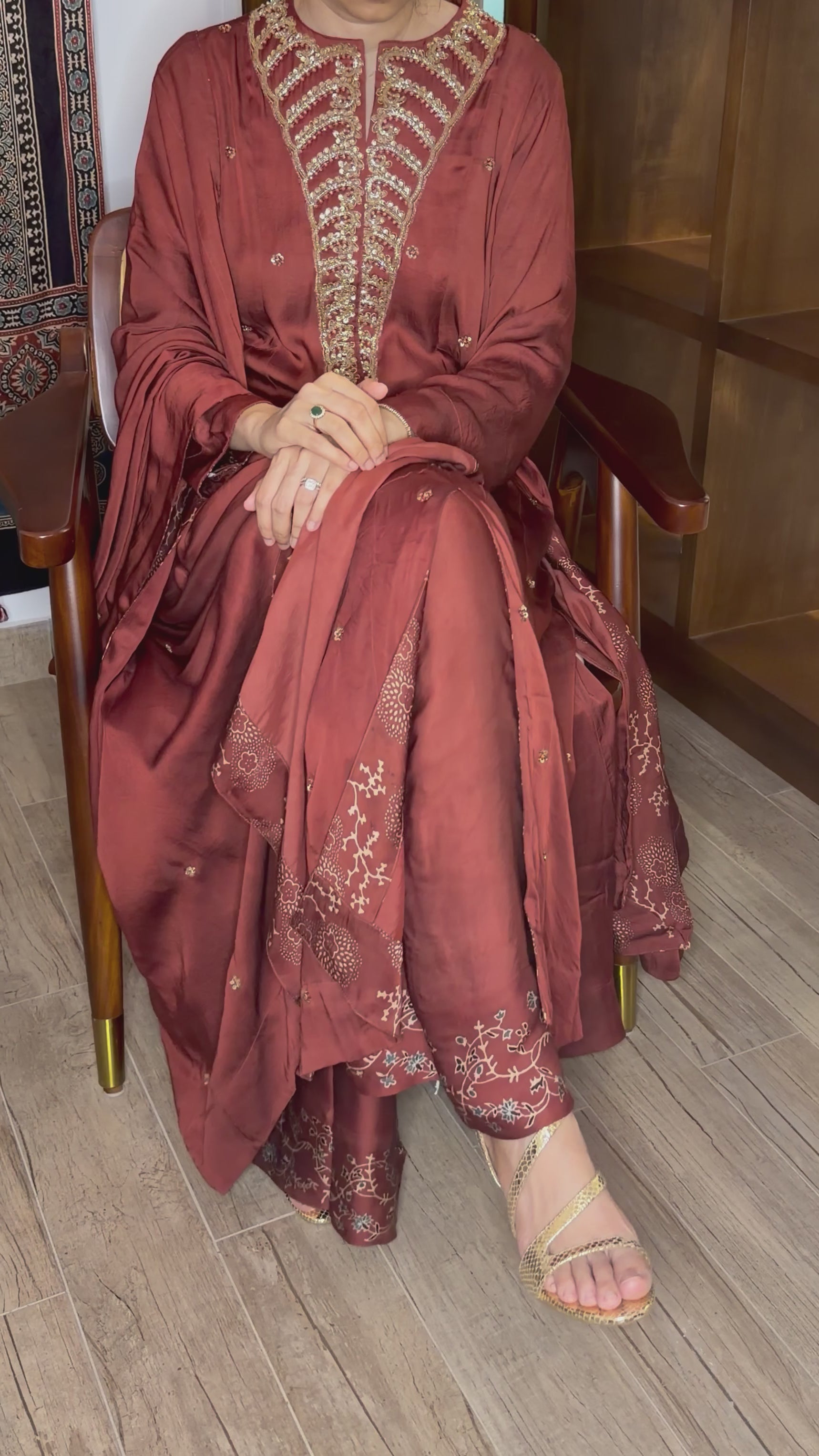 Ajrakh hand dyed hand block printed modal silk panel cut salwar set with cut bead handwork