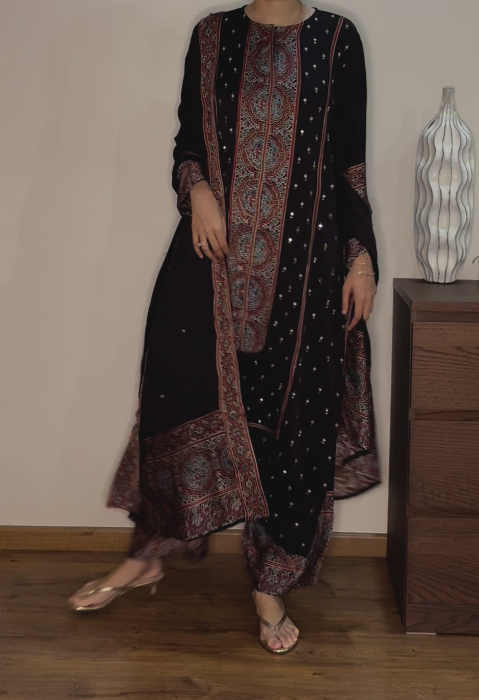 Ajrakh hand block printed modal silk straight cut salwar set with cutbead handwork
