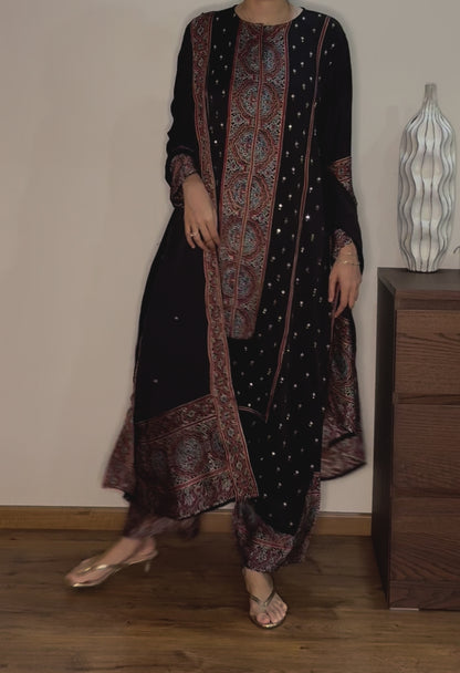 Ajrakh hand block printed modal silk straight cut salwar set with cutbead handwork