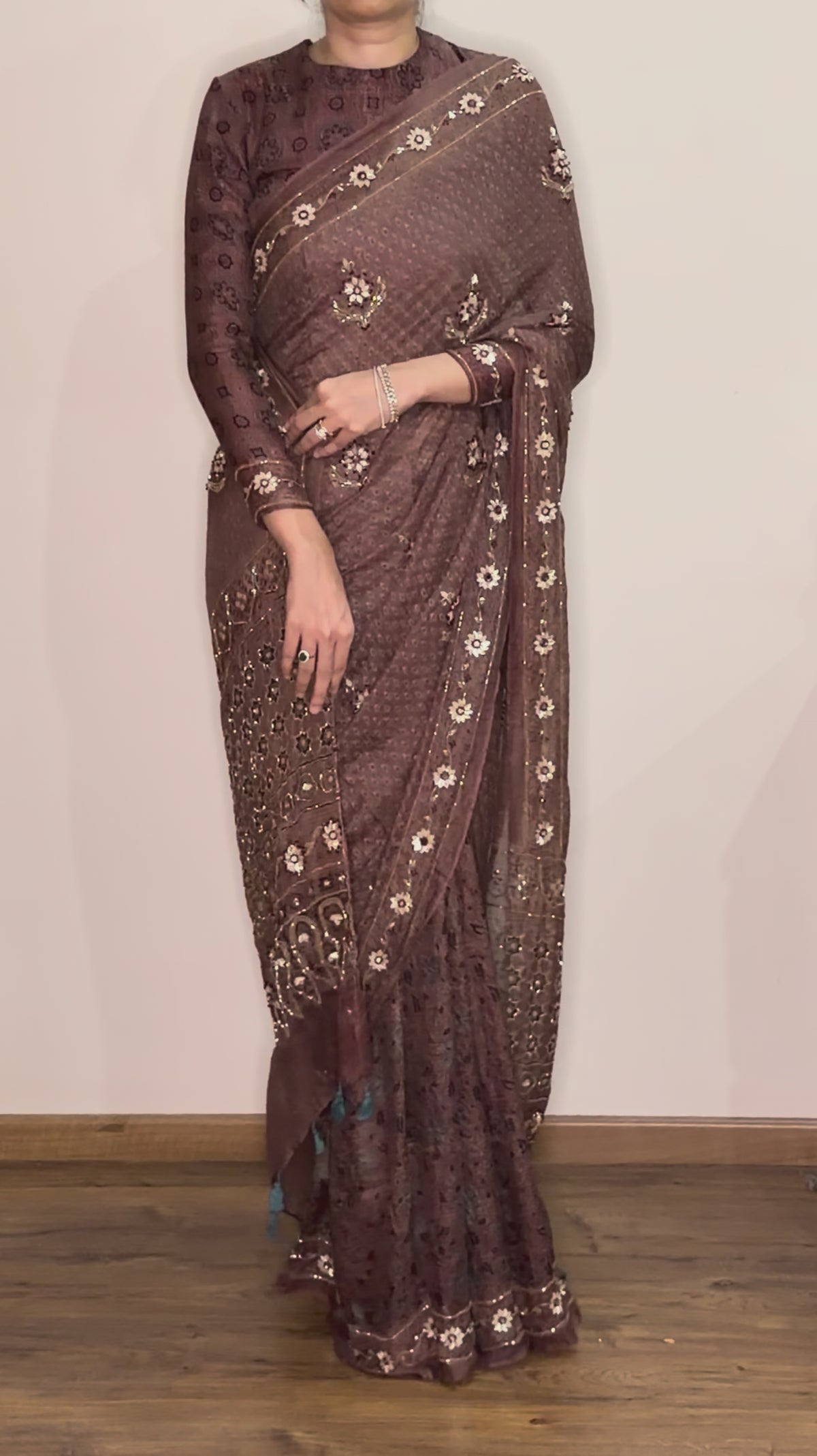 Ajrakh pure kota silk hand dyed, hand block printed and handworked saree