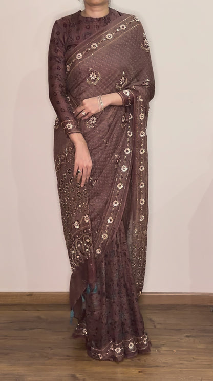 Ajrakh pure kota silk hand dyed, hand block printed and handworked saree