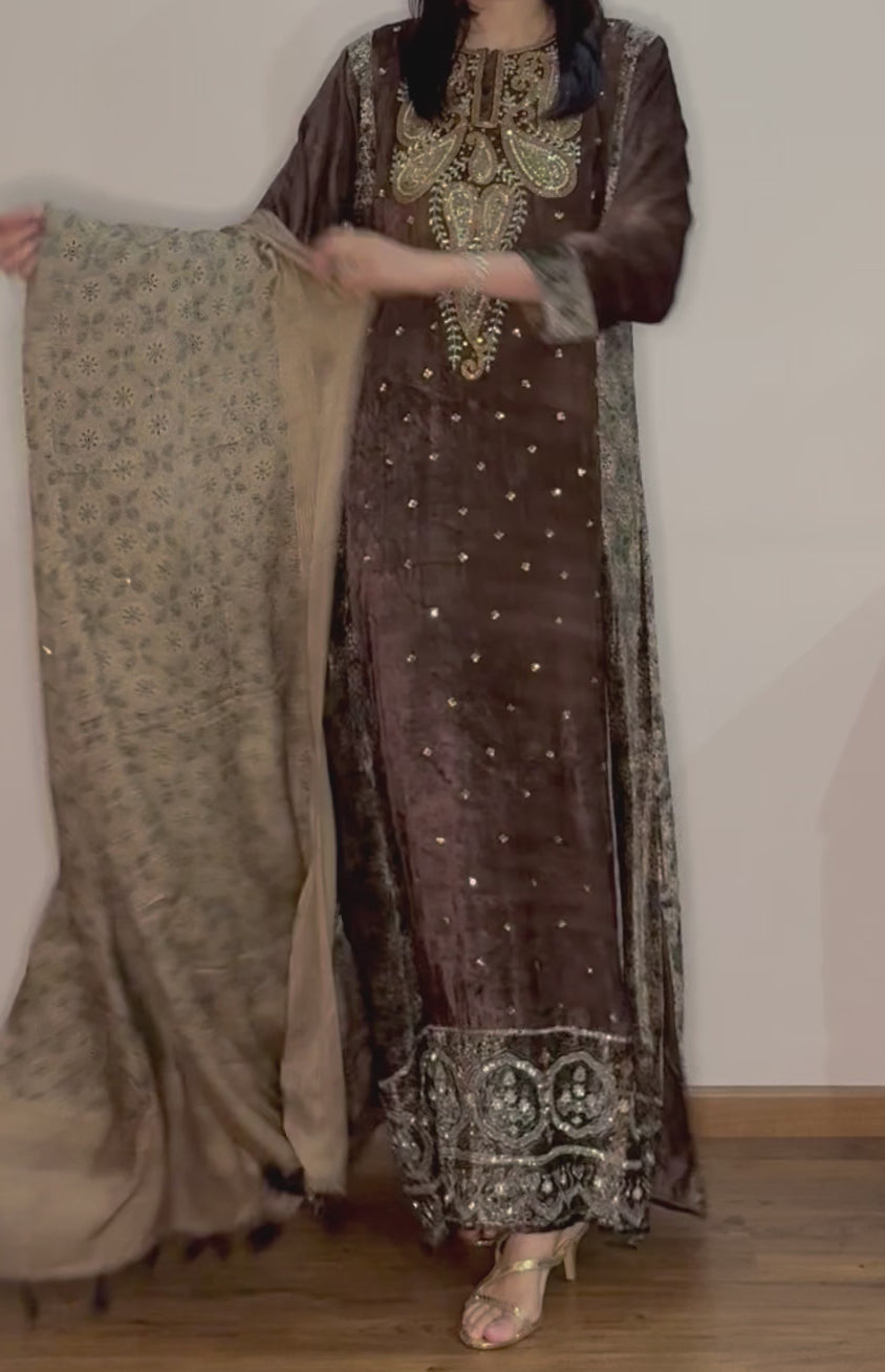 Ajrakh hand dyed hand block printed velvet silk salwar set with hand embroidry