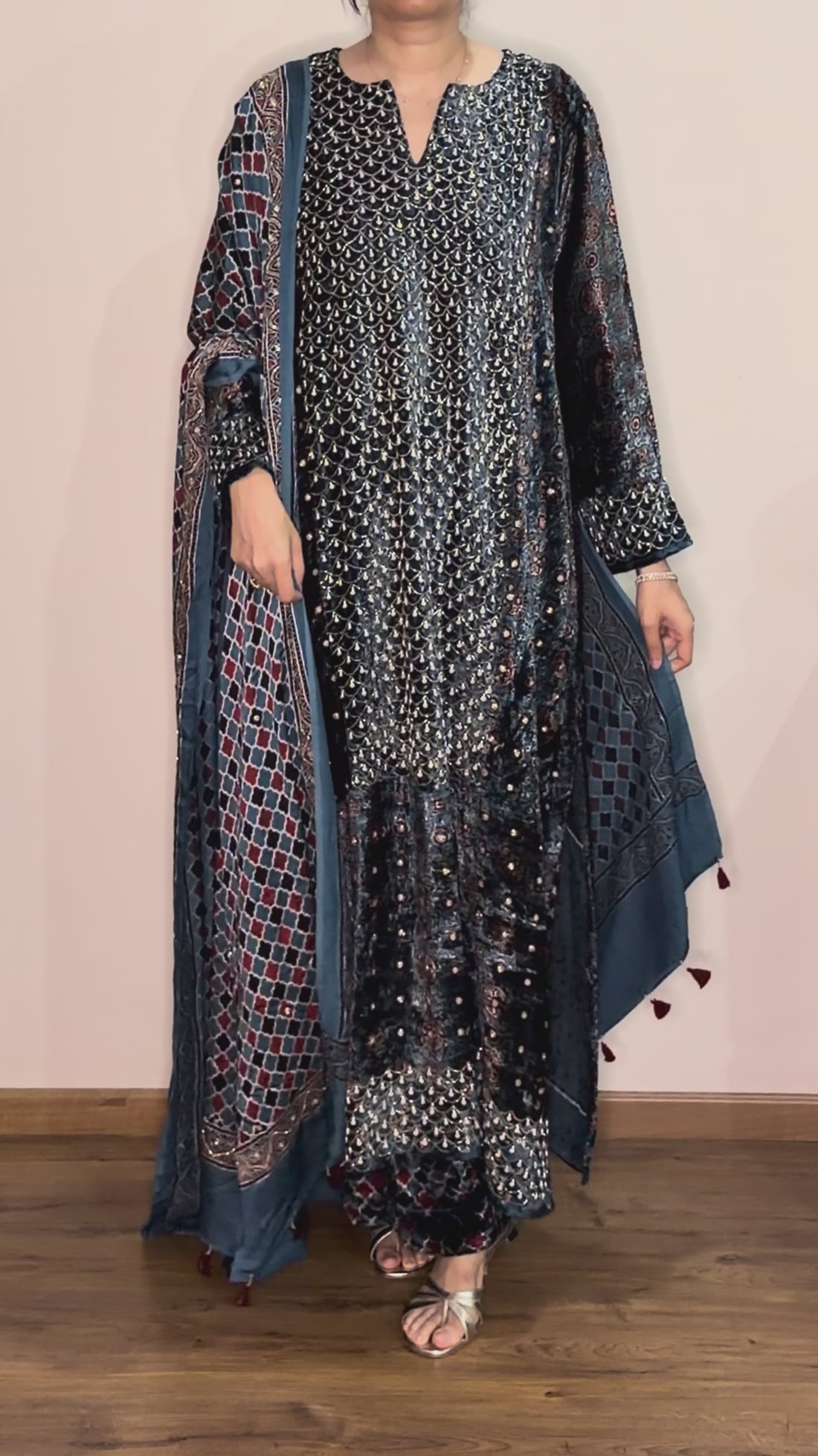 Ajrakh hand dyed hand block printed velvet silk panel cut salwar set with hand embroidry
