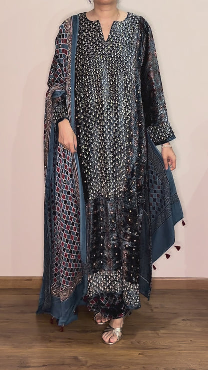 Ajrakh hand dyed hand block printed velvet silk panel cut salwar set with hand embroidry