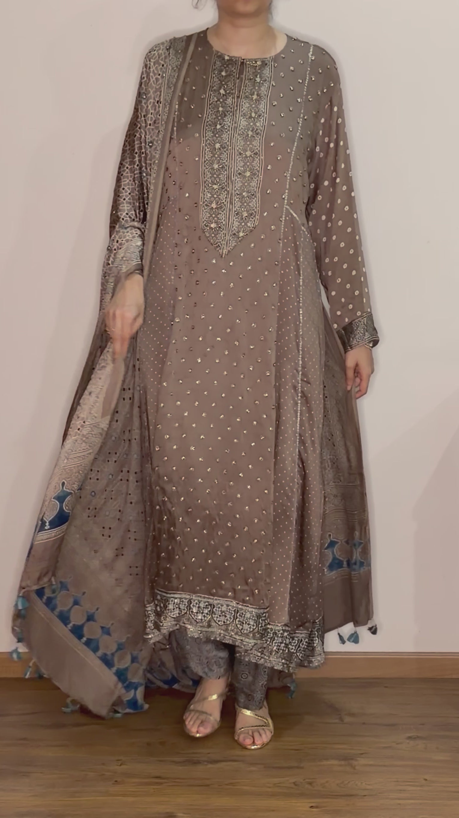 Ajrakh hand dyed hand block printed modal silk panel cut salwar set with cut bead handwork