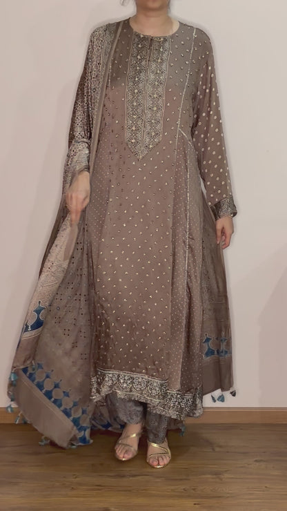 Ajrakh hand dyed hand block printed modal silk panel cut salwar set with cut bead handwork