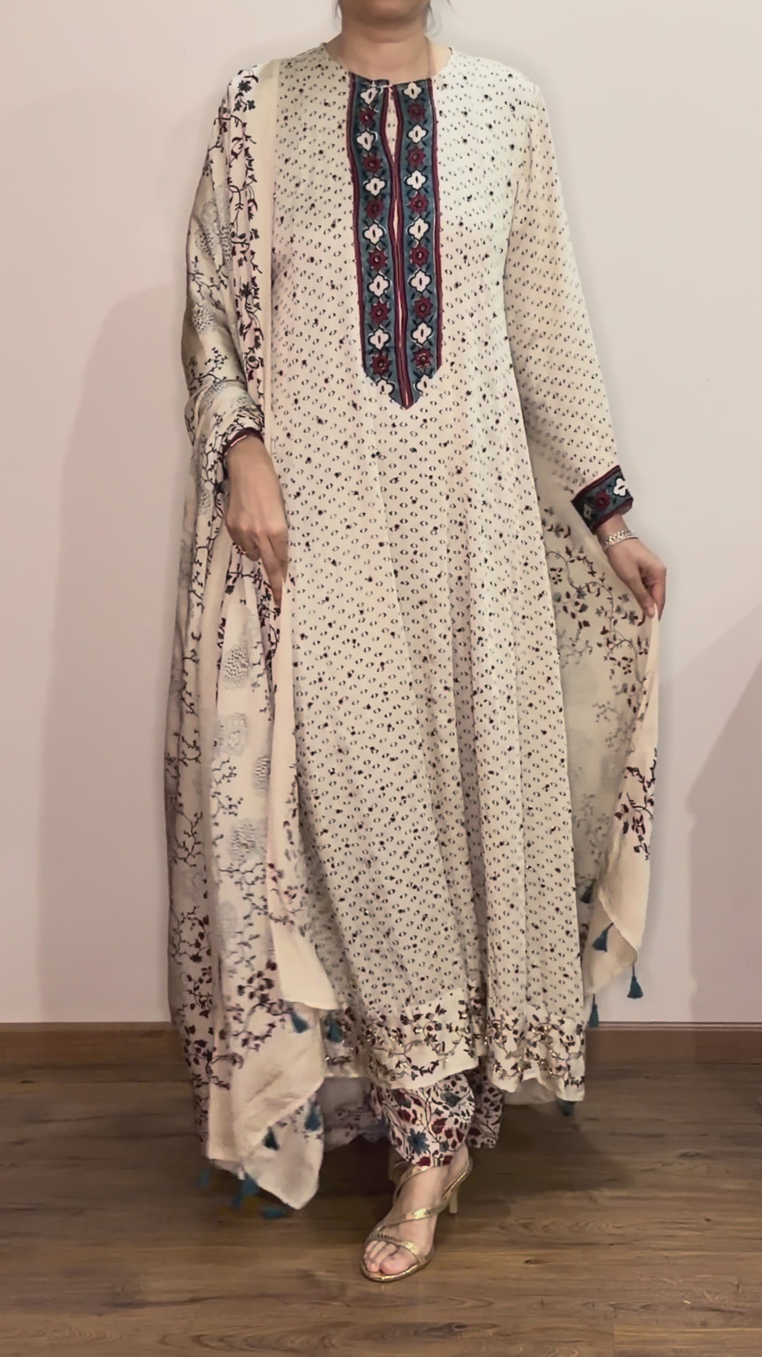Ajrakh hand dyed hand block printed modal silk panel cut masakali set with cut bead handwork