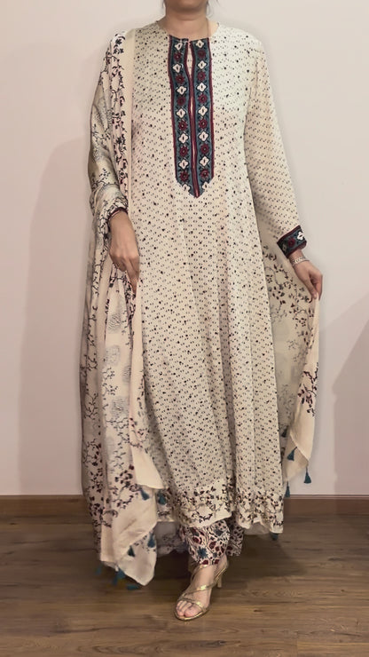Ajrakh hand dyed hand block printed modal silk panel cut masakali set with cut bead handwork