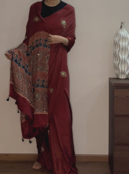 Ajrakh modal silk handworked saree with modal silk handworked dupatta