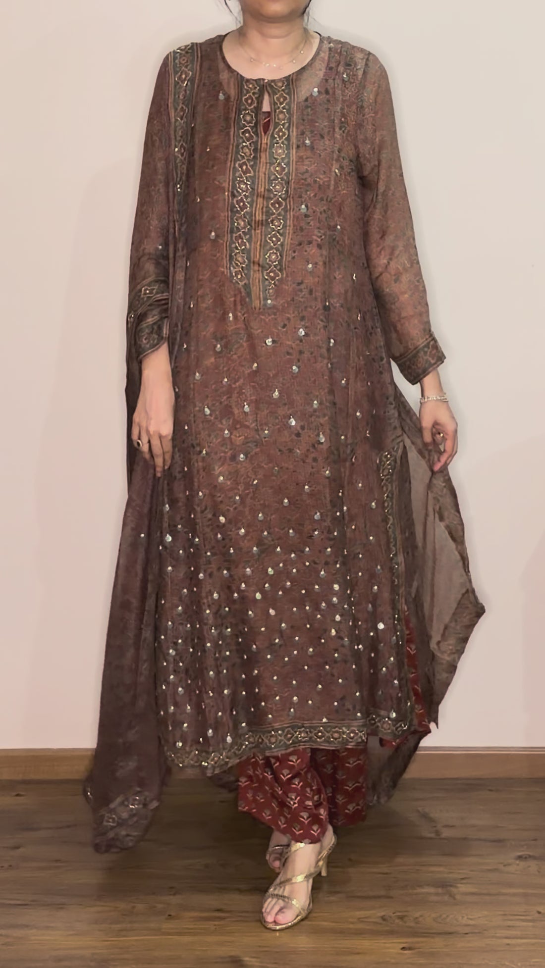 Ajrakh hand dyed hand block printed kota silk jacket set with cut bead handwork