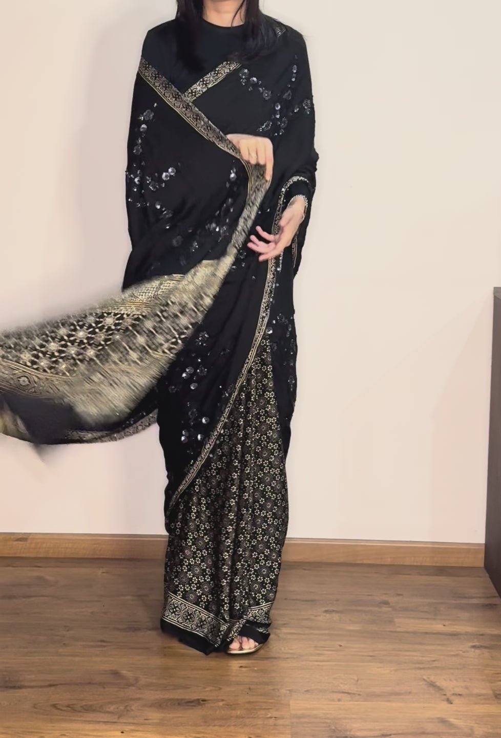 Ajrakh pure modal silk hand dyed, hand block printed and handworked saree