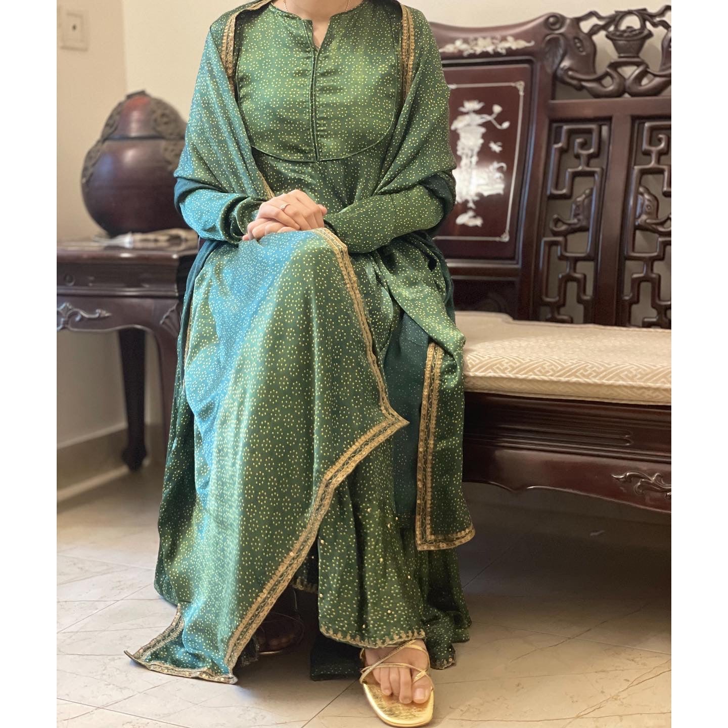 Ajrakh modal silk panel cut top with modal silk palazzo pants -
 with modal silk dupatta with zardosi handwork