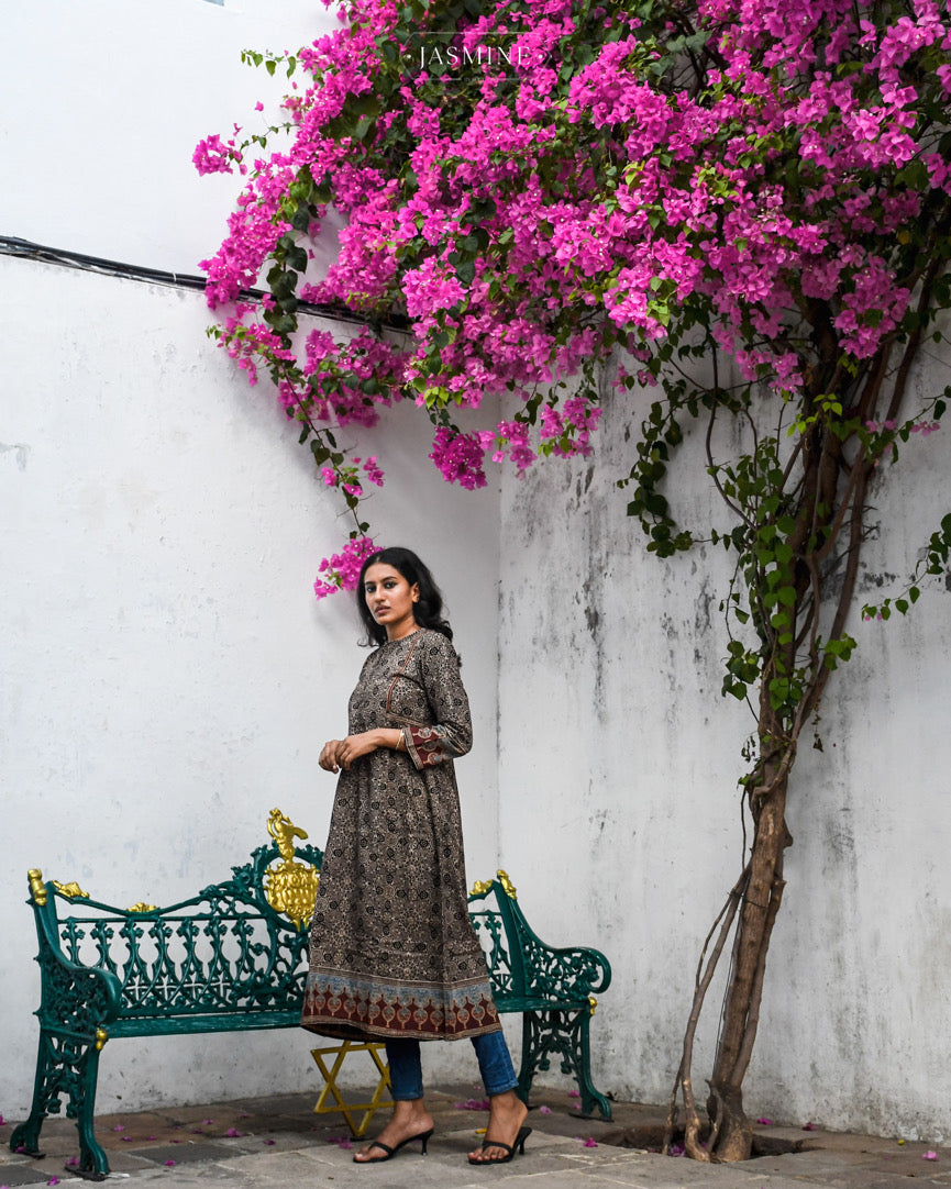 Ajrakh cotton side pleated top with dupatta