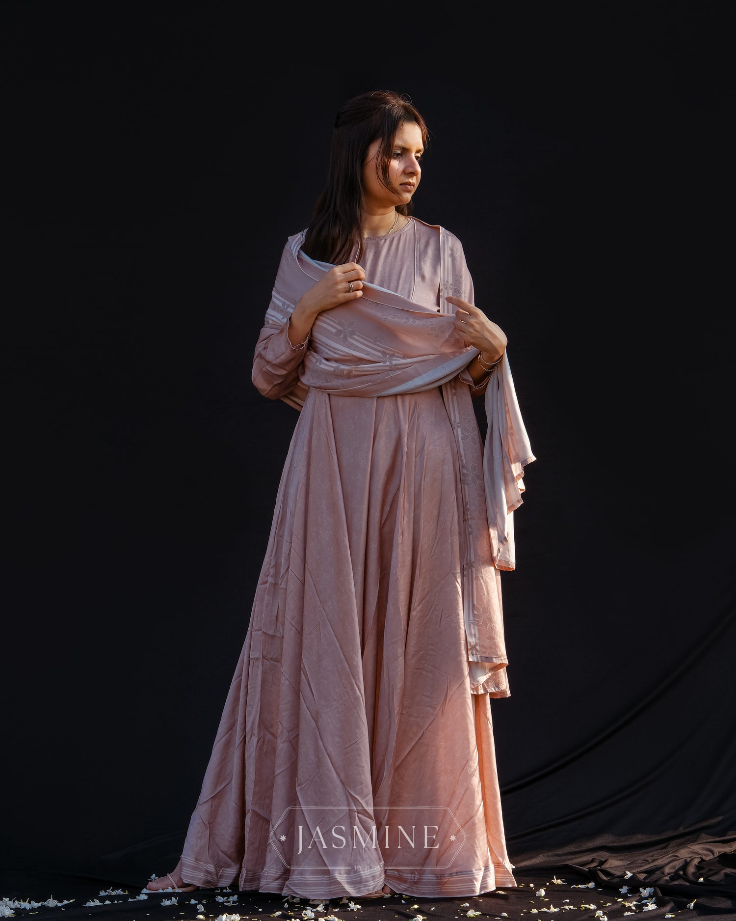 Jasmine in-house printed blush pink viscose silk anarkali set