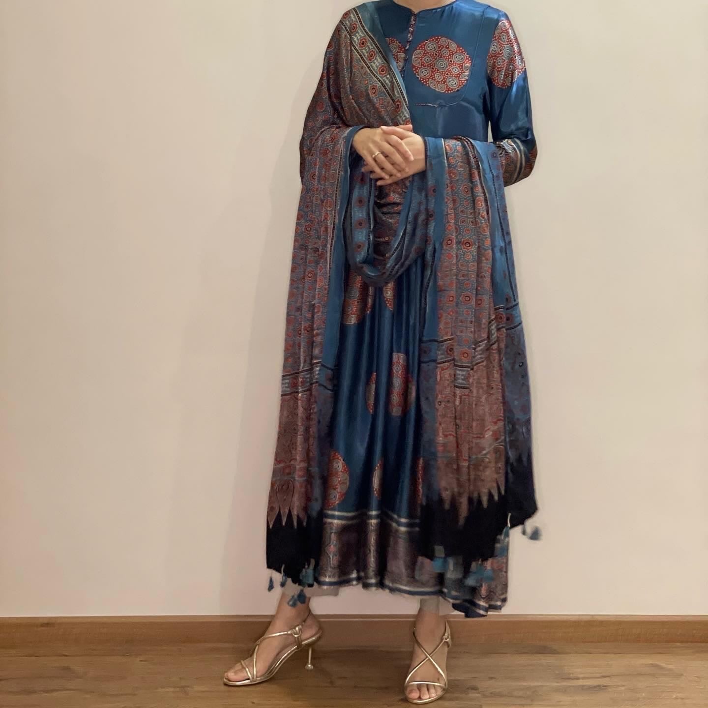 Ajrakh Indigo modal silk pleated set.