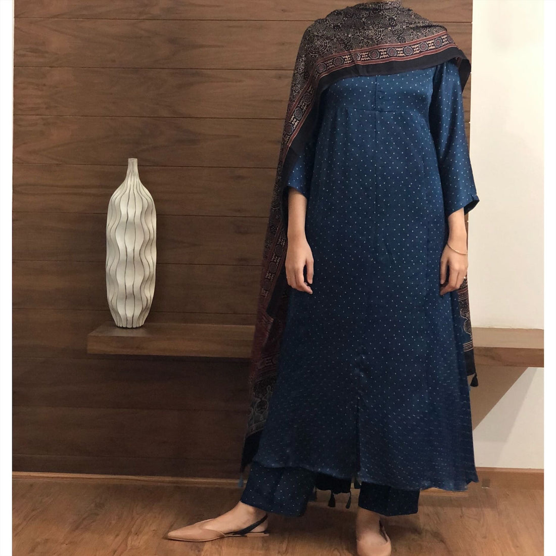 Ajrakh Indigo A line modal silk set.