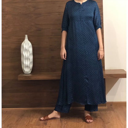 Ajrakh Indigo A line modal silk set.