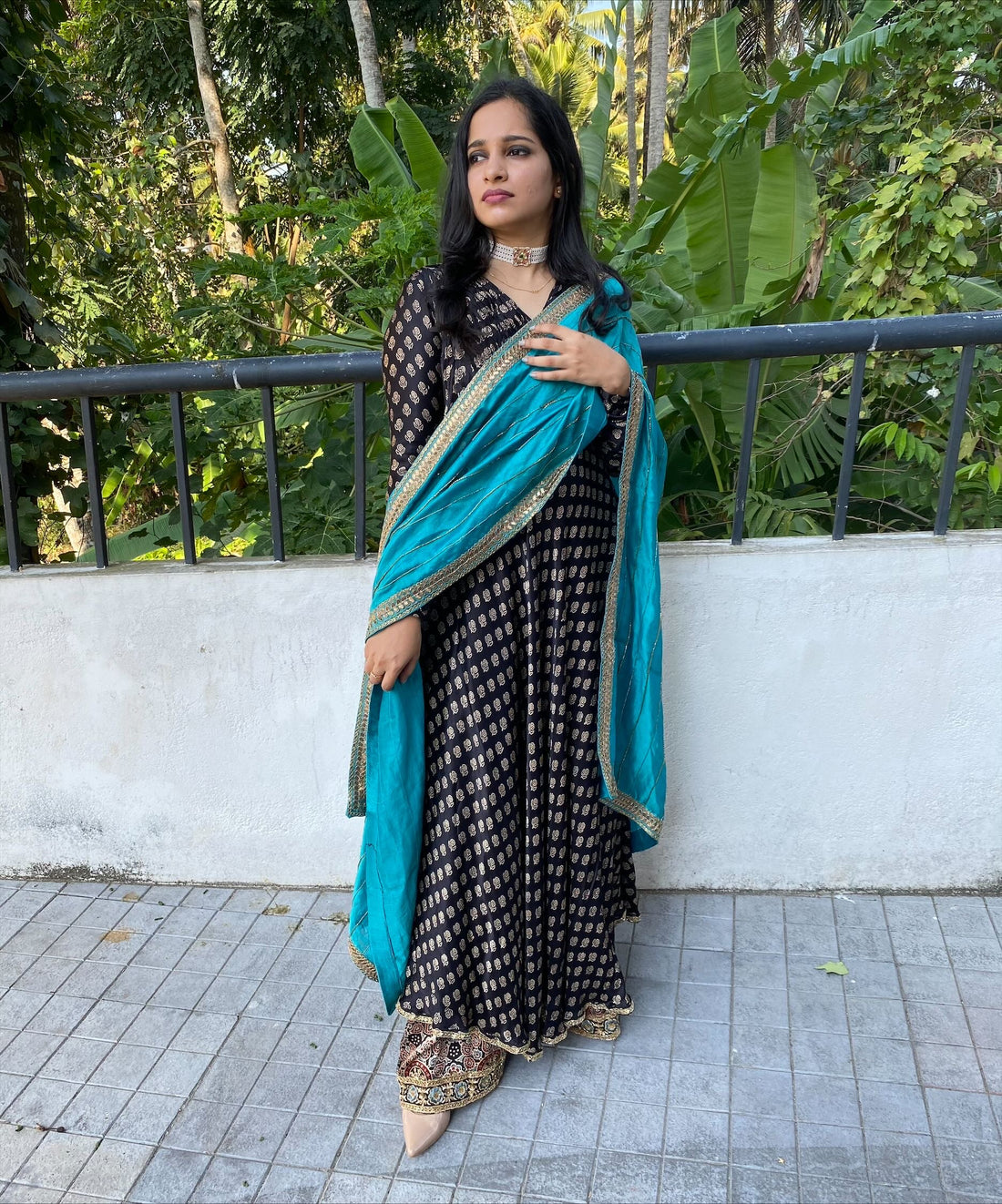 Ajrakh umbrella cut modal silk top with palazzo modal silk pants -
with teal chanderi dupatta with zardosi handwork