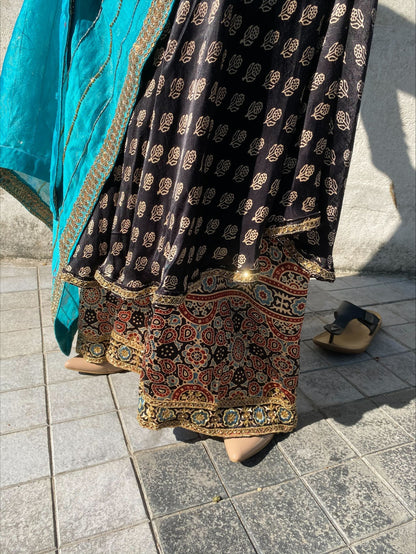 Ajrakh umbrella cut modal silk top with palazzo modal silk pants - 
 with teal chanderi dupatta with zardosi handwork