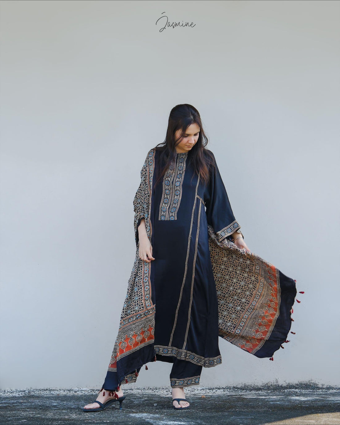 Ajrakh kaftan sleeve modal silk A line set